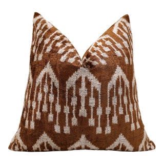 Luxury Handwoven Ikat Silk Velvet Pillow 20x20 Inch – Earthy Brown & Ivory For Sale
