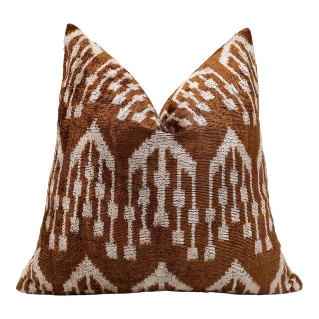 Luxury Handwoven Ikat Silk Velvet Pillow 20x20 Inch – Earthy Brown & Ivory For Sale