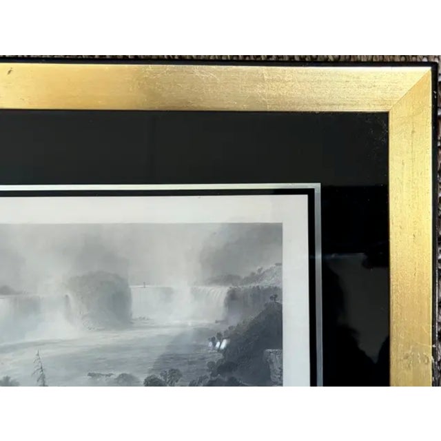 Wood 1840 Steel Engraving Titled Niagara Falls Near Clifton House in an Antique Gilt and Black Glass Frame For Sale - Image 7 of 8