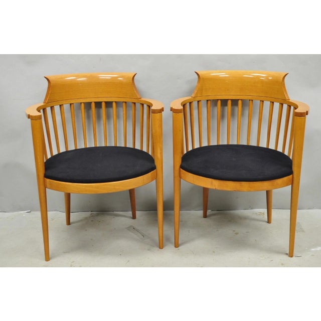 Vintage Postmodern Maple Wood Spindle Barrel Back Lounge Arm Chairs - a Pair. Circa Late 20th Century. Measurements: 32" H...