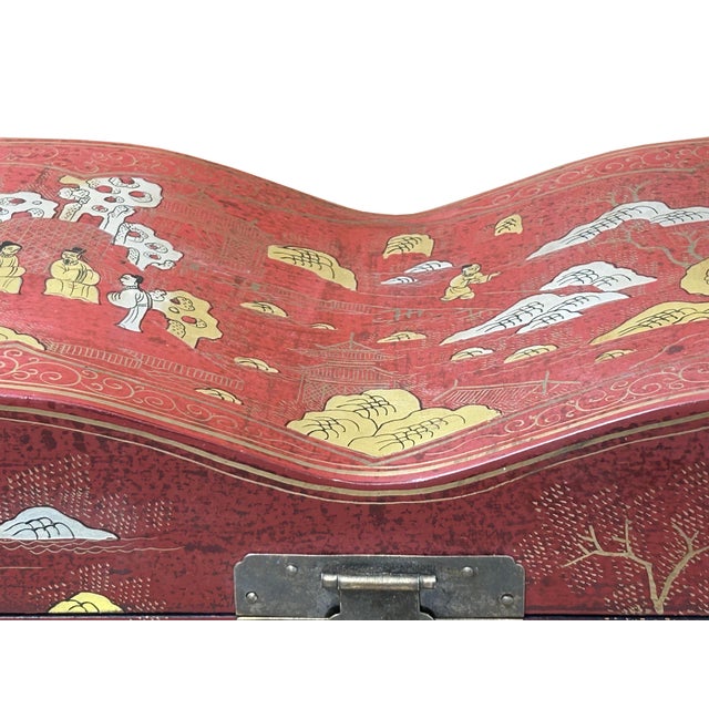 Red Lacquer Chinoiserie-Style Gold Silver Scenery Graphic Rectangular Box For Sale - Image 12 of 13