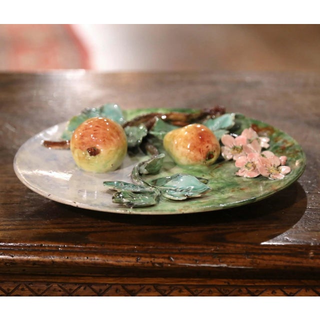 Late 19th Century 19th Century French Barbotine Faience Pear Wall Plate Longchamp For Sale - Image 5 of 12