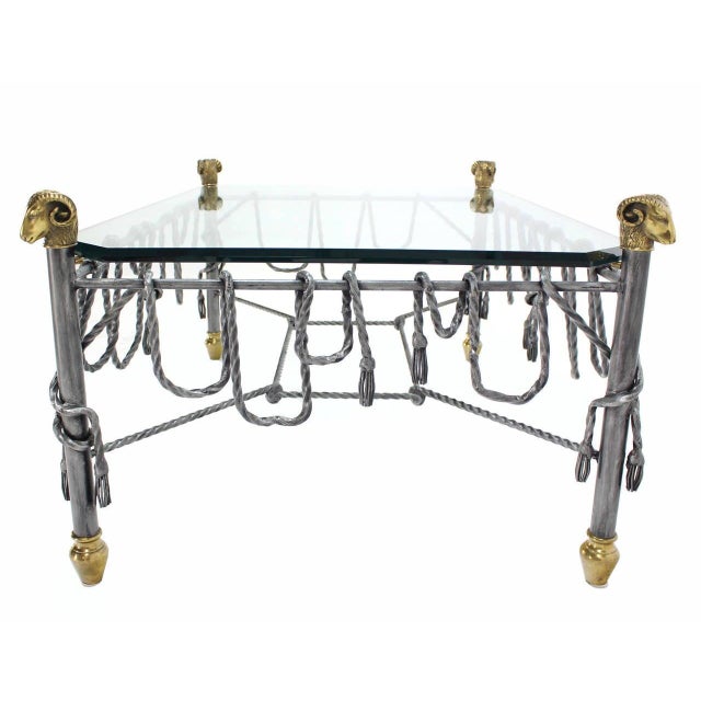 Metal Ornate Wrought Iron Brass Ram Head Motive Glass Top Rectangle Coffee Table For Sale - Image 7 of 9