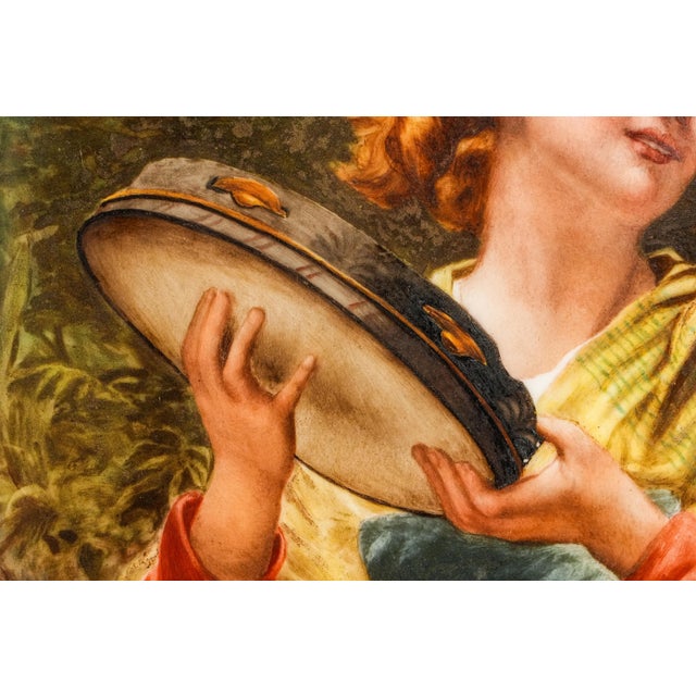 Art Nouveau Maiden Antique German Porcelain Tile Painting Carved Wood Frame For Sale In New York - Image 6 of 15