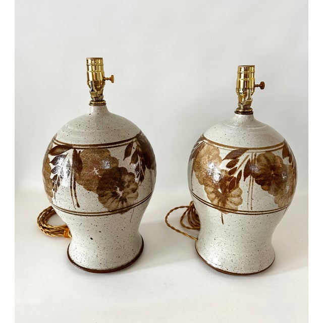 1970s Hand Thrown Stoneware Lamps With Floral Motif - a Pairf For Sale - Image 4 of 15