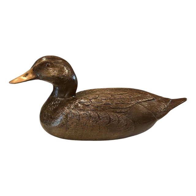 Vintage Hand Carved Wood Duck Decoy Figure / Statue / Object With Amber Eyes For Sale