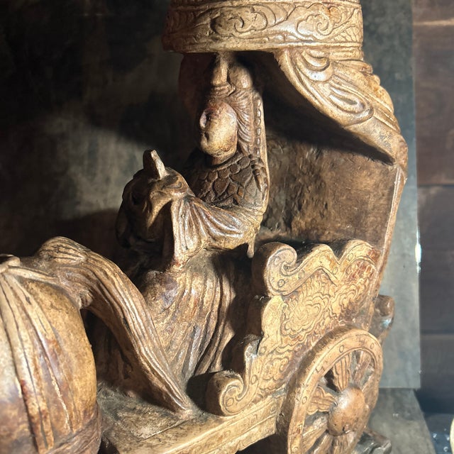 1950s Vintage Mid-Century Chinese Hand-Carved Limestone Chariot Procession Sculpture - 2 Pieces For Sale - Image 5 of 12