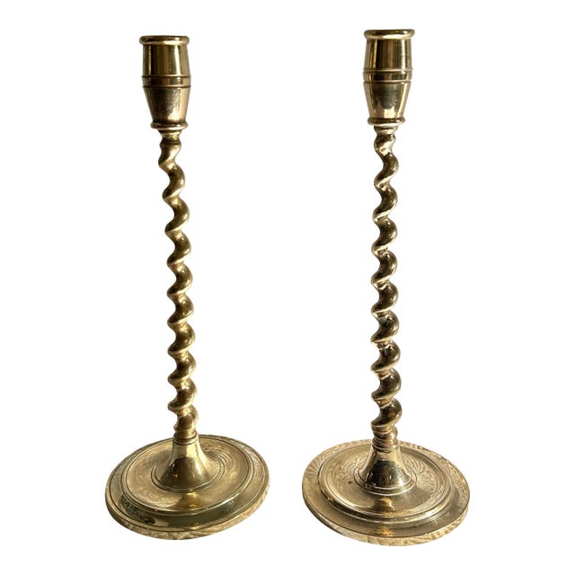 Vintage Brass Solid Barley Twist Victorian Style Candlestick Holders - A Pair For Sale