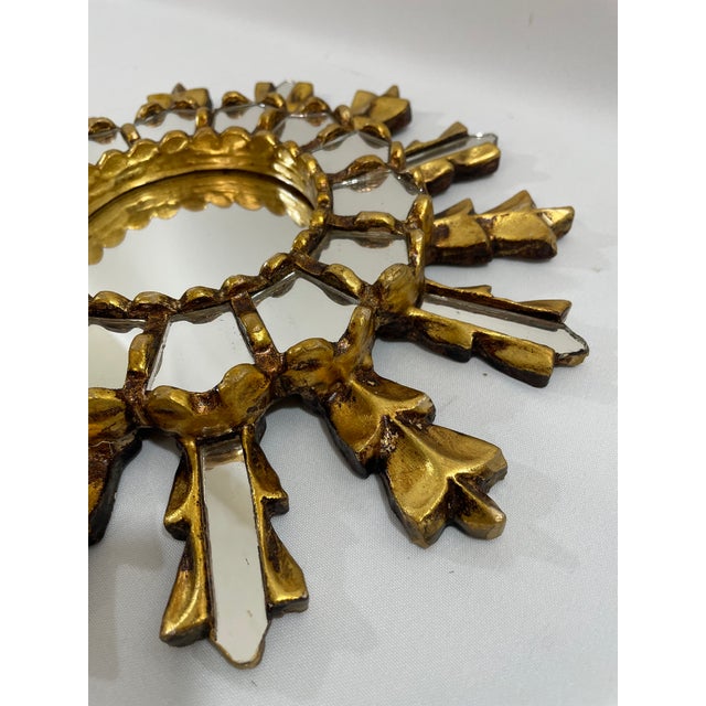 Gold Mid 20th Century 12" French Giltwood Sunburst Mirror With Mirror Inlays For Sale - Image 8 of 17