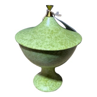 Mid-Century Modern 1960s Royal Haeger Marbled Green Pottery Covered Dish 3-Wick Candle by Antique Flames For Sale