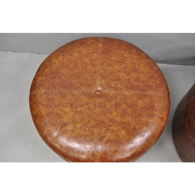 Early 21st Century Contemporary Modern Moroccan Style Brown Faux Leather Round Storage Ottoman Pair For Sale - Image 5 of 15
