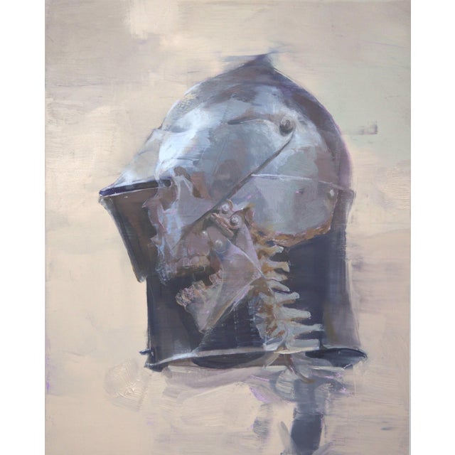 The artwork presents a striking depiction of a two-piece helmet from the Chalcis group, rendered in oil on panel. The...