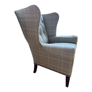 Custom Tufted Houndstooth Wingback Chair Upholstered in Schumacher For Sale