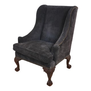 Ralph Lauren Chippendale Style Suede Wing Back Chair For Sale