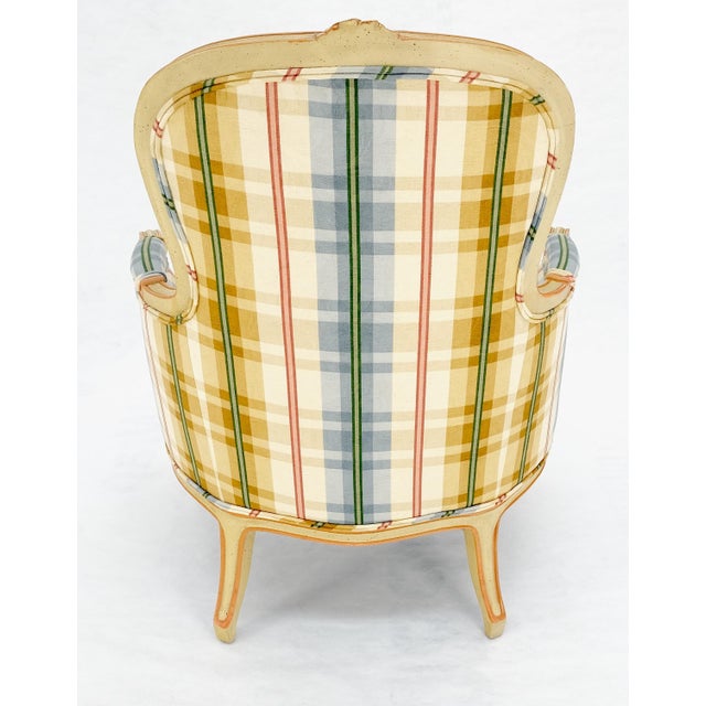 Hickory Chair Furniture Company Funky Upholstery Painted & Carved Frame French Ballon Back Arm Lounge Chair MINT For Sale - Image 4 of 16