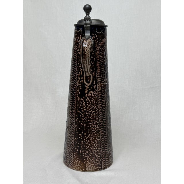 Rustic European Art Nouveau German Pewter & Ceramic Pitcher For Sale - Image 3 of 9