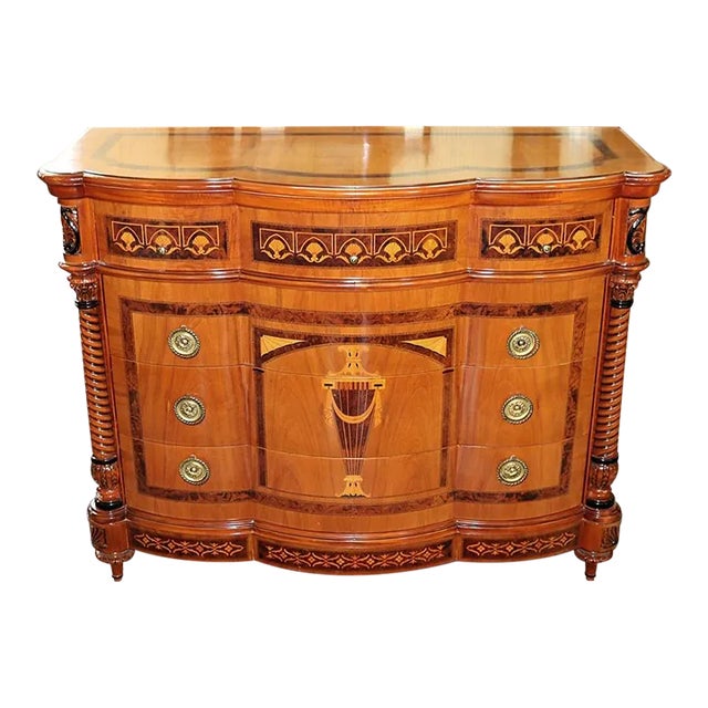 Late 20th Century Vintage Italian Mixed Wood Inlay Serpentine Commode Chest For Sale
