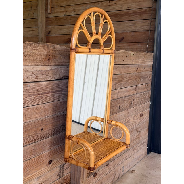 Vintage Coastal Boho Rattan Fan Back Wall Mirror With Woven Shelf For Sale - Image 4 of 12