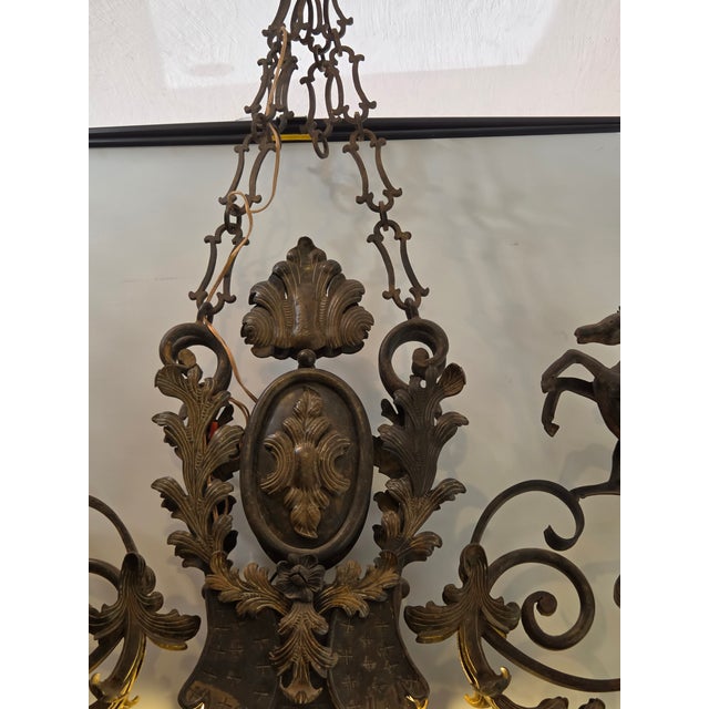 Coat of Arms Crest Wrought Iron Chandelier Light Fixture Hand Made Spanish Design Old World Castle For Sale In San Diego - Image 6 of 14