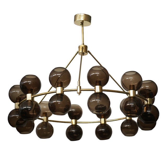 Art Deco Round Art Glass and Brass Chandelier, 2000 For Sale