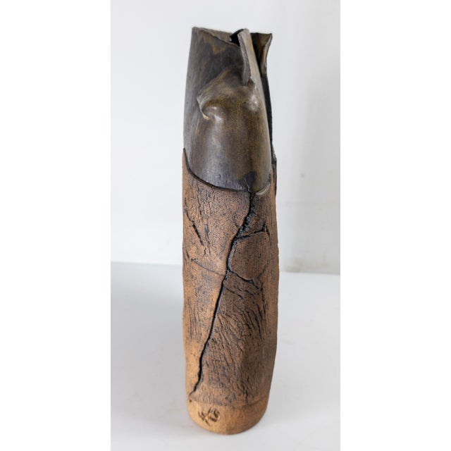 Mid-Century Modern Rustic Faux Bois Style Pottery Vase, Signed For Sale - Image 4 of 11