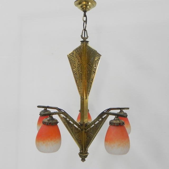 Art Deco Brass Hanging Lamp with Pates De Verre Shades, 1930s For Sale - Image 11 of 18