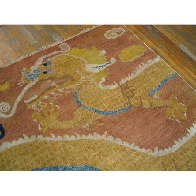 1750s Antique Apricot Imperial Dragon Geometric Chinese Ningxia Small Rug For Sale - Image 4 of 8