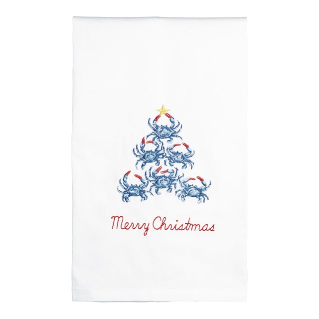 Blue Crab Christmas Tree Embroidered Kitchen Towel For Sale