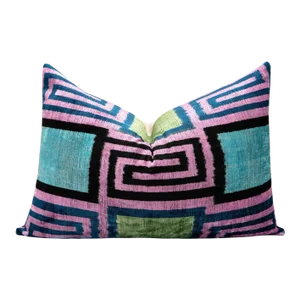 Canvello Handmade Geometric Velvet Throw Pillow in Vibrant Pink, Blue & Green