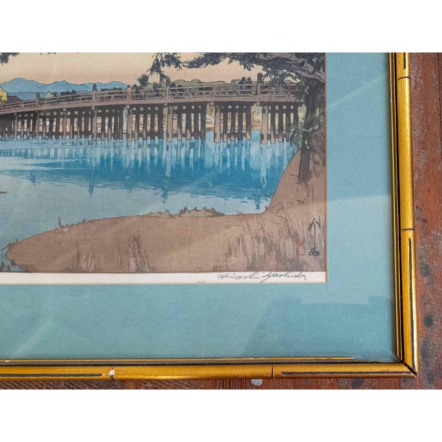 Blue 1930's Japanese Ukiyo-E Woodblock Print of Seta Bridge by Hiroshi Yoshida For Sale - Image 8 of 16