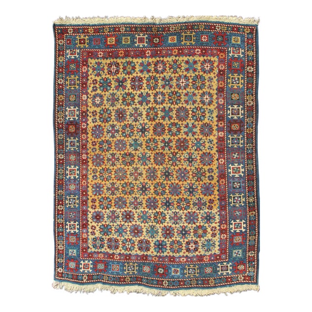 Antique Caucasian Shirvan Rug in Yellow Background and Blue Border For Sale