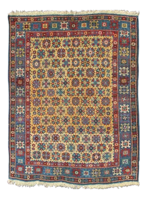 Antique Caucasian Shirvan Rug in Yellow Background and Blue Border