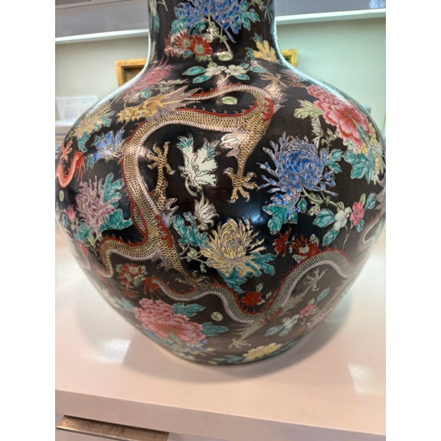 Momumental Vintage Chinese Black Ground Dragon & Floral Porcelain Floor Vase With Gilt Rim For Sale - Image 9 of 18