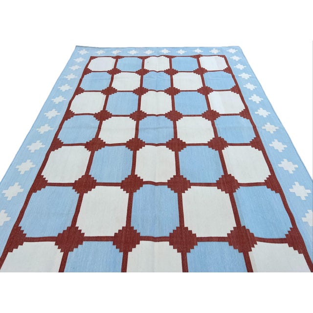 Not Yet Made - Made To Order Handwoven Cotton Area Rug, Sky Blue and Terracotta Red Tile Swedish Dhurrie - 6'x9' For Sale - Image 5 of 13