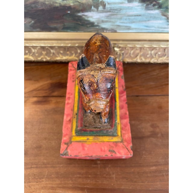 Folk Art Likely Antique Hand-Carved Wooden Cow Figurine on Painted Base - Folk Art Sculpture For Sale - Image 3 of 9