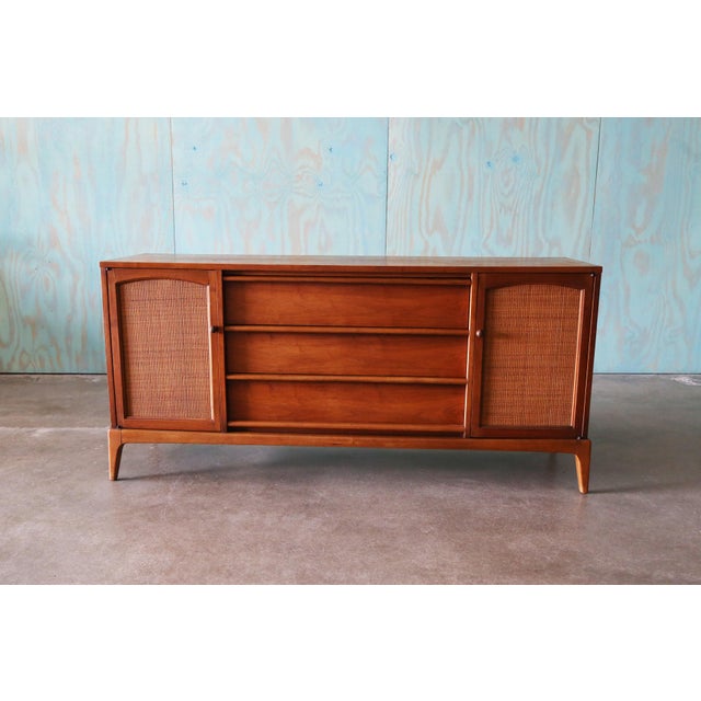 1960s 1960s Lane Rhythm Walnut and Cane Dresser Cabinet Credenza Mid Century Modern 66" For Sale - Image 5 of 14