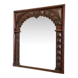 Antique Spanish Revival Oak Wall Mirror With Geometric Carving For Sale