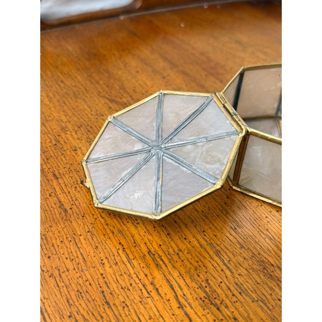 Victorian Vintage Shell Type Material Trinket Box With Brass Trim - Octagon Shape For Sale - Image 3 of 9