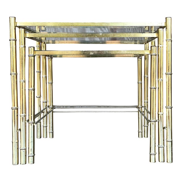 Late 20th Century Vintage Boho Brass Bamboo Nesting Tables - Set of 3 For Sale