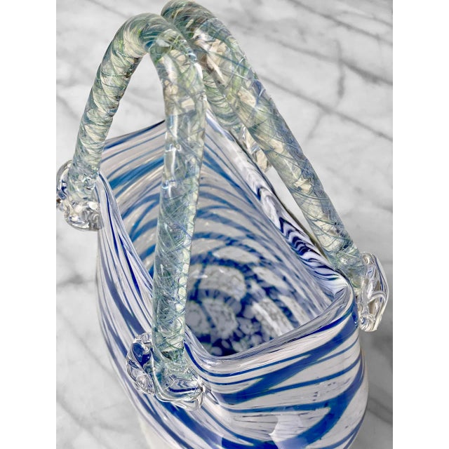 Vintage Blown Art Glass Blue Stripe Handbag Purse Vase For Sale - Image 6 of 9