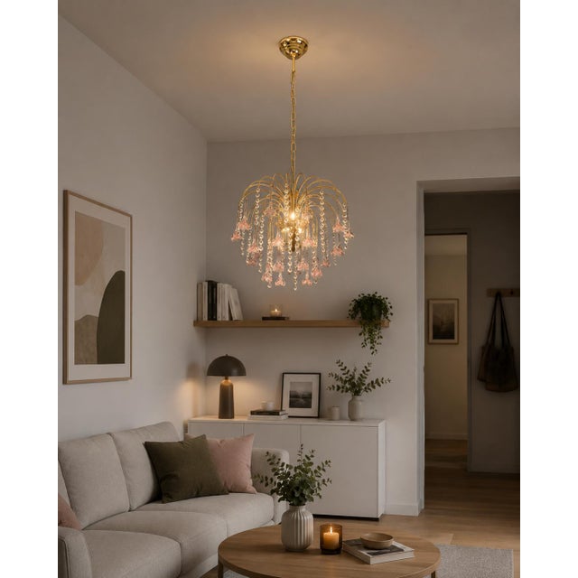 1980s 1980s Meryl Streep, Pink Murano Flowers and Crystal Drops Chandelier For Sale - Image 5 of 16