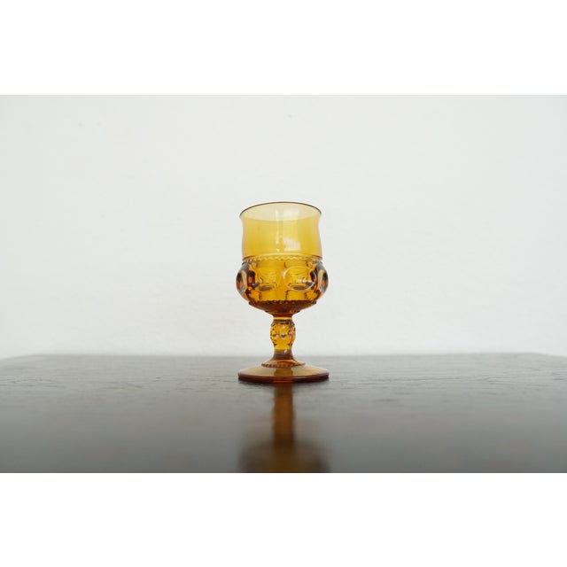 Vintage Indiana Glass Amber King’s Crown Thumbprint Wine Goblets - Set of 7 For Sale - Image 11 of 13
