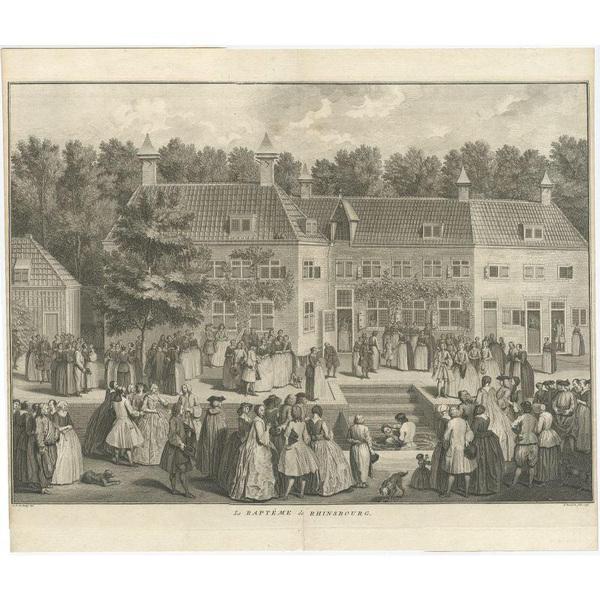 Antique print titled 'Le Baptême de Rhinsbourg'. This print depicts the baptism of Christians in Katwijk-Rijnsburg in The...