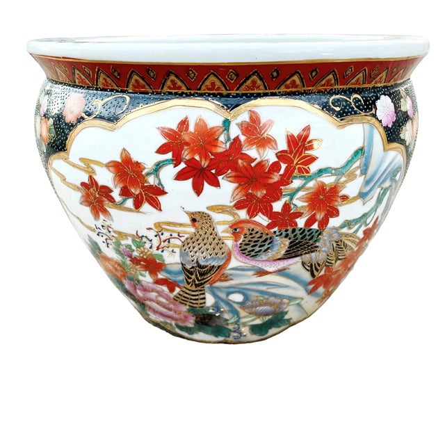 Vintage Chinese Porcelain Satsuma Planter With Birds and Floral Design