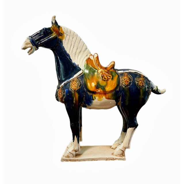 Chinoiserie Large Tang Style Blue Polychrome Horse Statue For Sale - Image 3 of 12