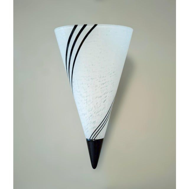 Italian wall light with a milky white cone shaped Murano glass shade decorated with black stripes / Made in Italy 1 light...
