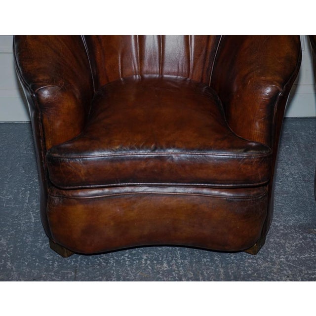 Art Deco Hand Dyed Whiskey Brown Suite Sofa, Armchairs and Ottomans, 1920s, Set of 5 For Sale - Image 16 of 18