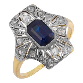 Edwardian Style 1.40 Carat Sapphire Diamond 18k Yellow Gold Ring, Size 7 For Sale