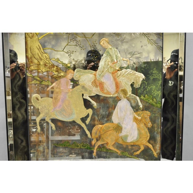 Chinoiserie Vintage Chinoiserie Orientalist Verre Eglomise Smoked Glass Figural Wall Mirror For Sale - Image 3 of 16