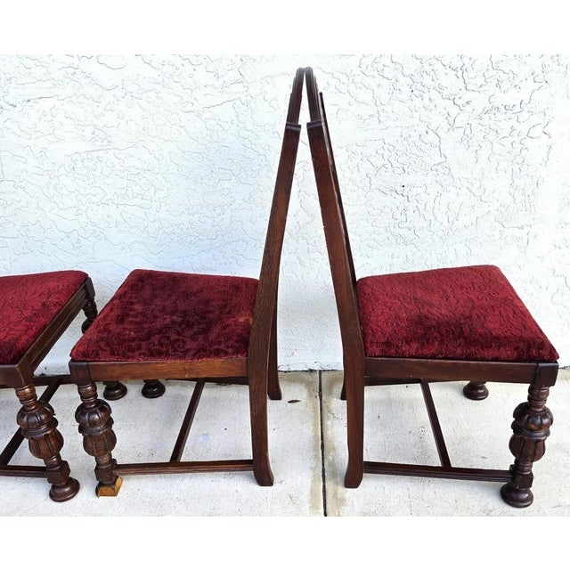 Antique English Oak Tudor Jacobean Dining Chairs 1930's Set of 4 For Sale - Image 17 of 18